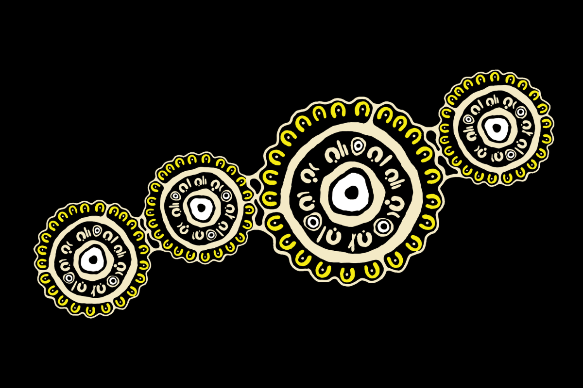 Aboriginal-style artwork showing a series of connected circular motifs in yellow, black and white.